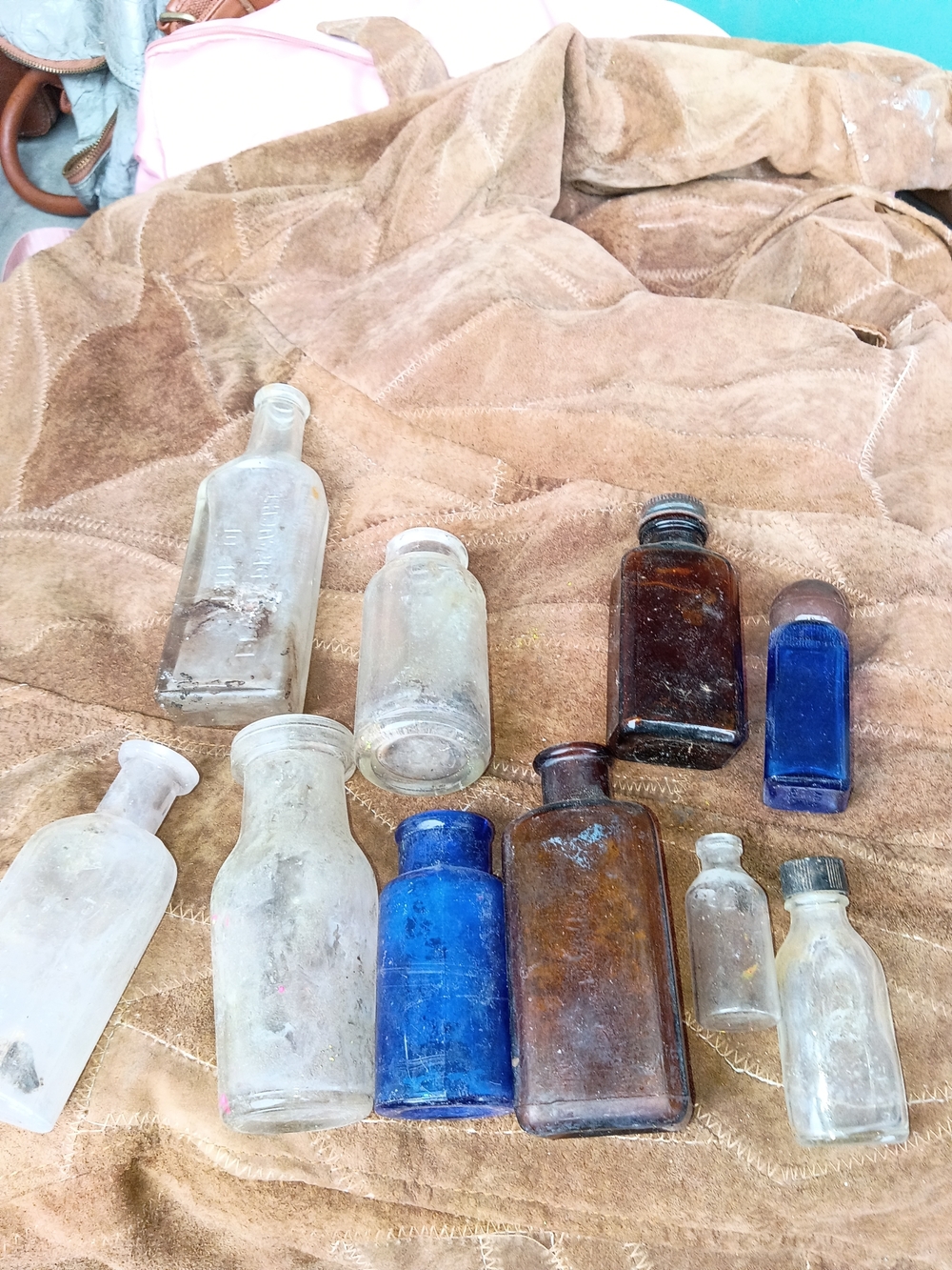Vintage Assorted Glass Bottles - Clear, Cobalt Blue & Amber